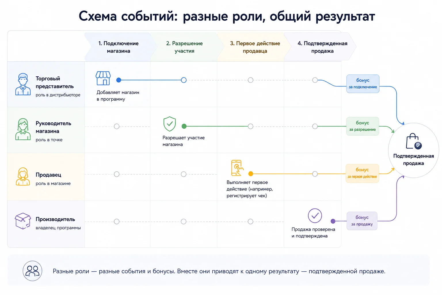 Разделение одной цепочки продаж на отдельные события продавца, ТП, руководителя точки и дистрибьютора.